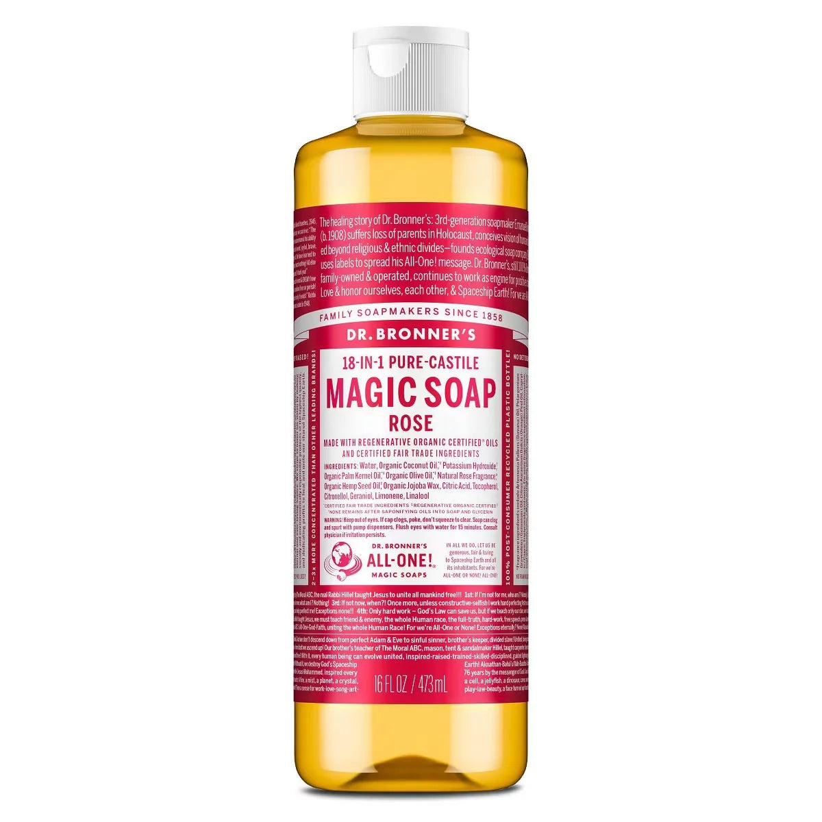 Dr. Bronner's Magic Pure Castile Liquid Soap Bodywash - Rose - 16 fl oz: Whole Body, Recommended for Normal to Dry Skin