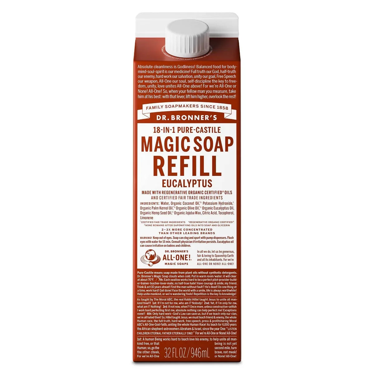 Dr. Bronner's Pure Castile Liquid Soap Bodywash Refill Carton - Eucalyptus - 32 fl oz: For Whole Body, Normal to Sensitive Skin