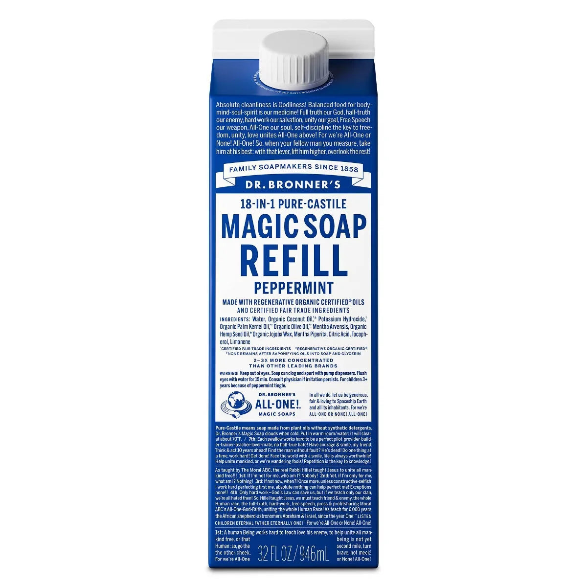 Dr. Bronner's Pure Castile Liquid Soap Bodywash Refill Carton - Peppermint - 32 fl oz: Vegan Dye-Free Formula