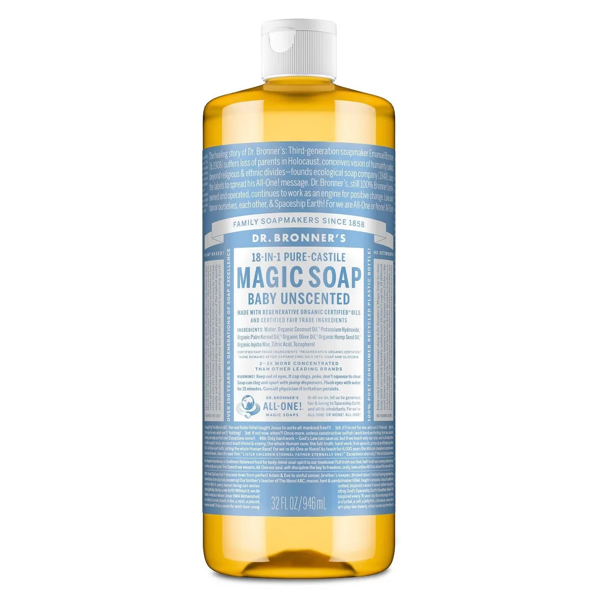 Dr. Bronner's Magic Pure Castile Liquid Soap Bodywash - Baby Unscented - 32 fl oz: For Sensitive Skin, Paraben-Free, Ethyl Alcohol-Free