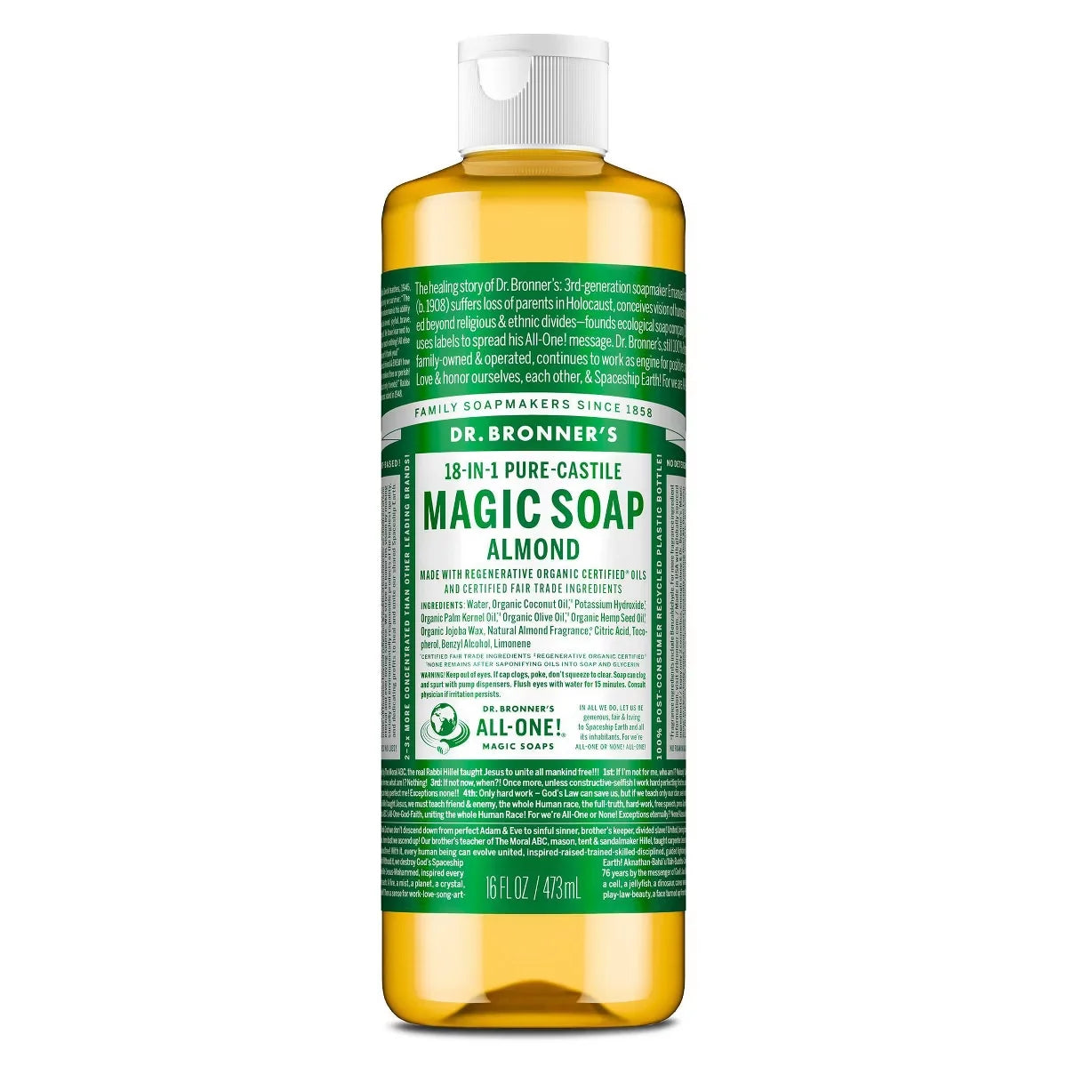 Dr. Bronner's Magic Pure Castile Liquid Soap Bodywash - Almond - 16 fl oz: For Face, Hair, Hands, Whole Body, Sensitive Skin