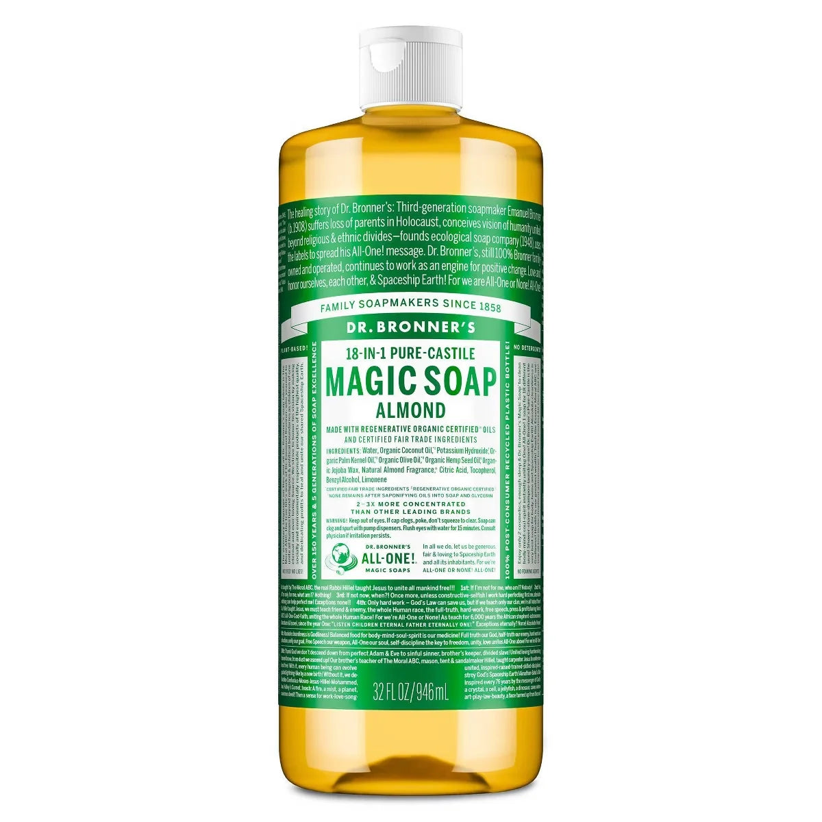Dr. Bronner's Magic Pure Castile Liquid Soap Bodywash - Almond - 32 fl oz: Paraben-Free, Vegan, Whole Body Use