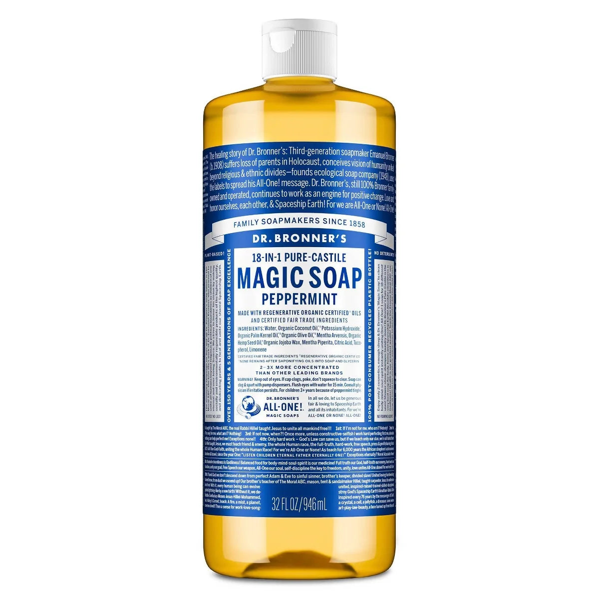Dr. Bronner's Magic Pure Castile Liquid Soap Bodywash - Peppermint - 32 fl oz: Basic Cleansing, Vegan, Whole Body, Made Without Parabens