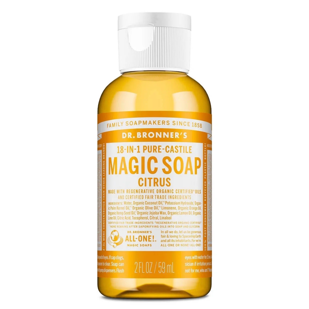 Dr. Bronner's Magic Pure Castile Liquid Soap Hand & Bodywash - Citrus - 2 fl oz: Vegan, Ethyl Alcohol-Free, Non-Toxic, Whole Body