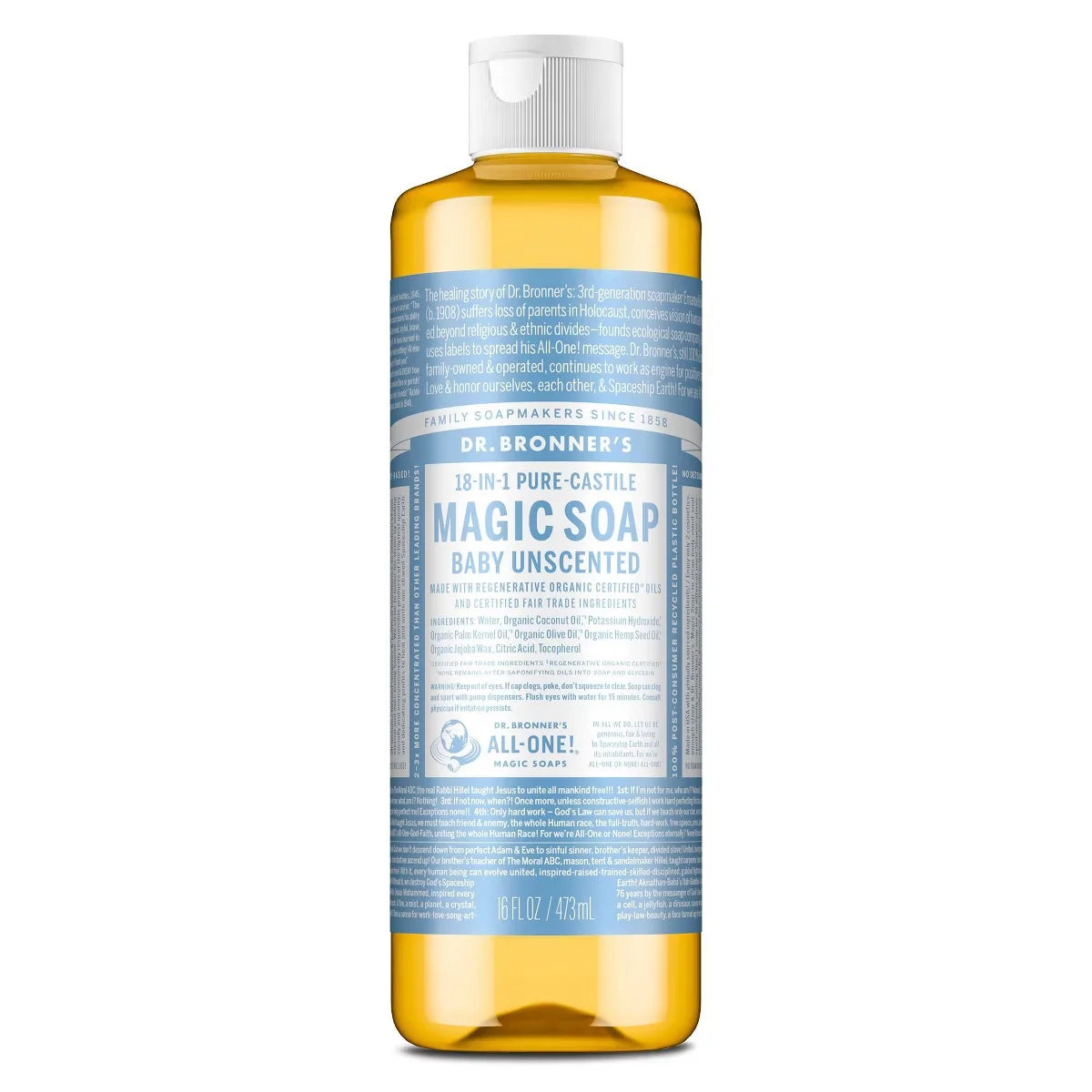 Dr. Bronner's Magic Pure Castile Liquid Soap Bodywash - Baby Unscented - 16 fl oz
